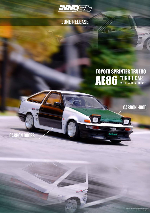 INNO64 1:64 Toyota Sprinter Trueno AE86 Drift Car with Carbon Doors