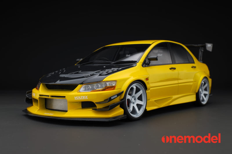 One Model 1:18 Mitsubishi Lancer Evolution IX Voltex with Carbon Bonnet in Yellow