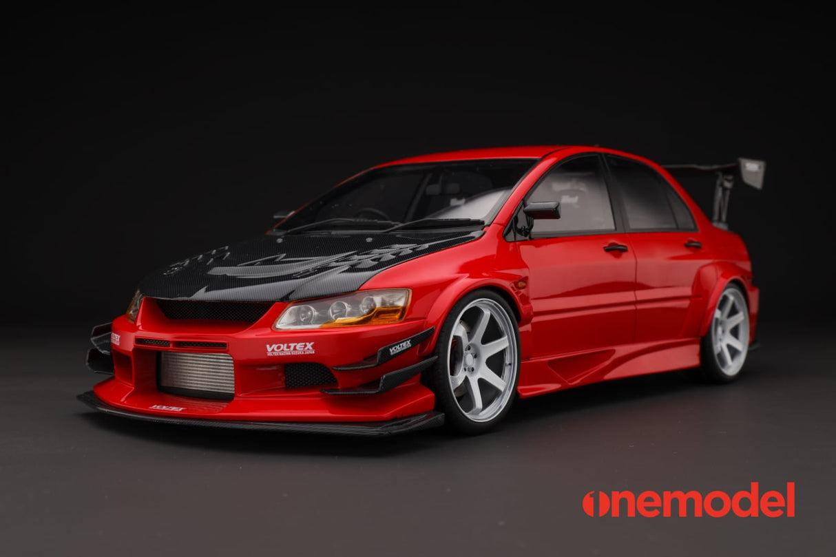 One Model 1:18 Mitsubishi Lancer Evolution IX Voltex with Carbon Bonnet in Red