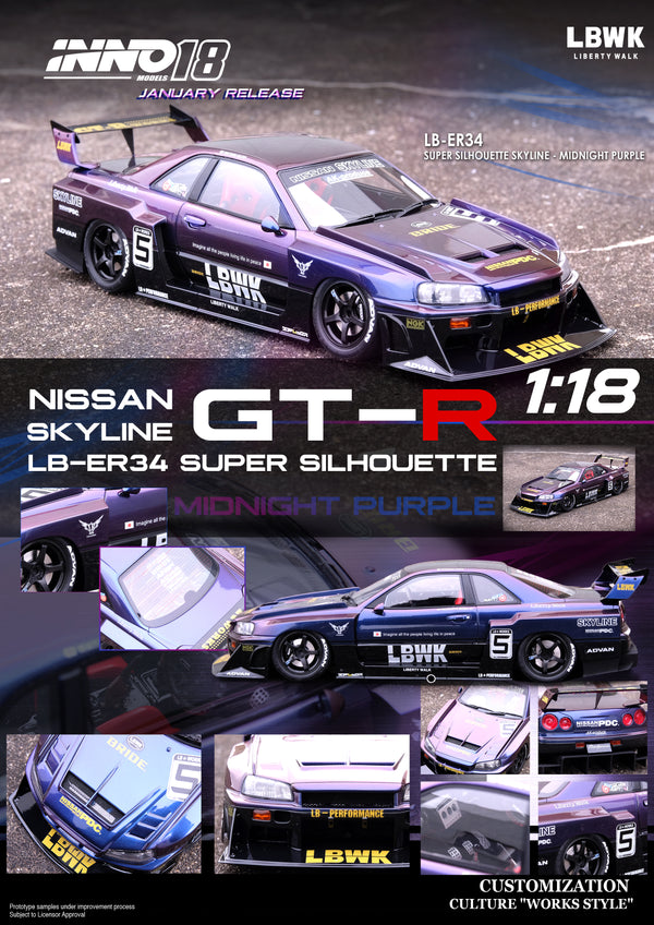 INNO18 1:18 Nissan Skyline (ER34) Super Silhouette "LBWK" in Midnight Purple II