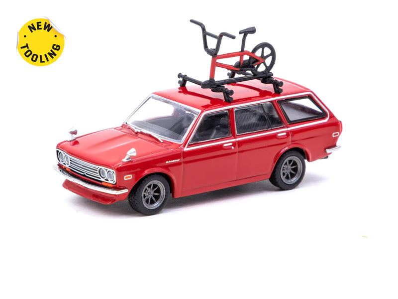 Tarmac Works 1:64 Nissan Datsun Bluebird 510 Wagon in Red with Bicycle and Roof Rack