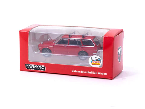 Tarmac Works 1:64 Nissan Datsun Bluebird 510 Wagon in Red with Bicycle and Roof Rack