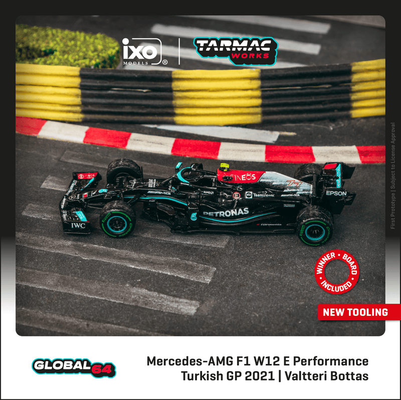 Tarmac Works 1:64 Mercedes-AMG F1 W12 E Performance, British Grand Prix 2021 Winner, Valtteri Bottas