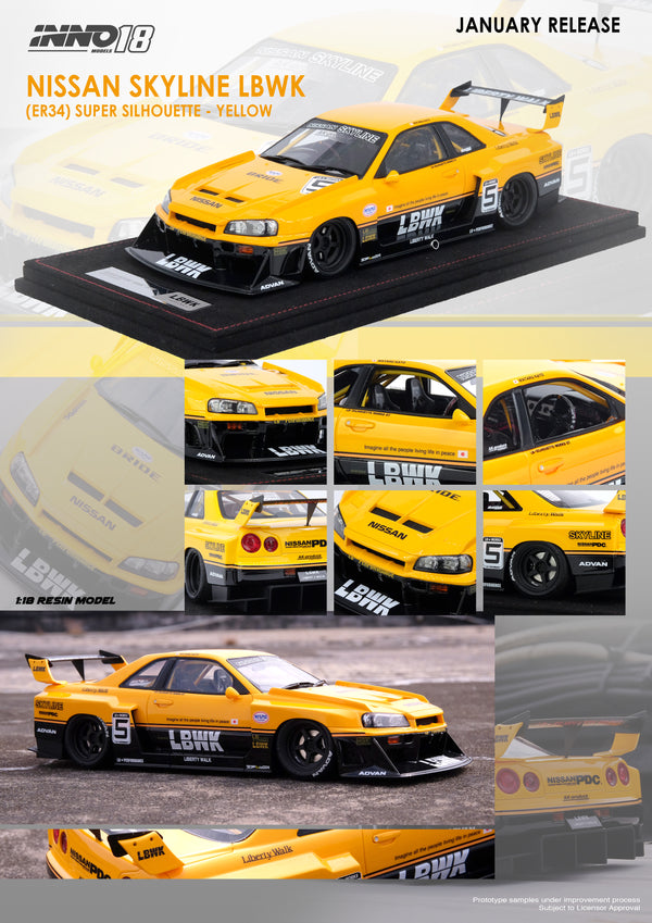 INNO18 1:18 Nissan Skyline (ER34) Super Silhouette "LBWK" in Yellow